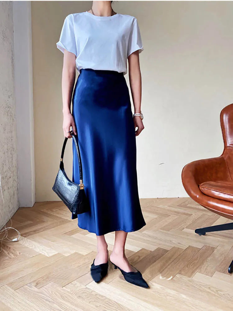 Silk Satin Skirts for Women Korean Style Champagne Office High Waist A-line Skirt Fashion Elegant Solid Long Pencil Skirt 2024 ROYAL BLUE