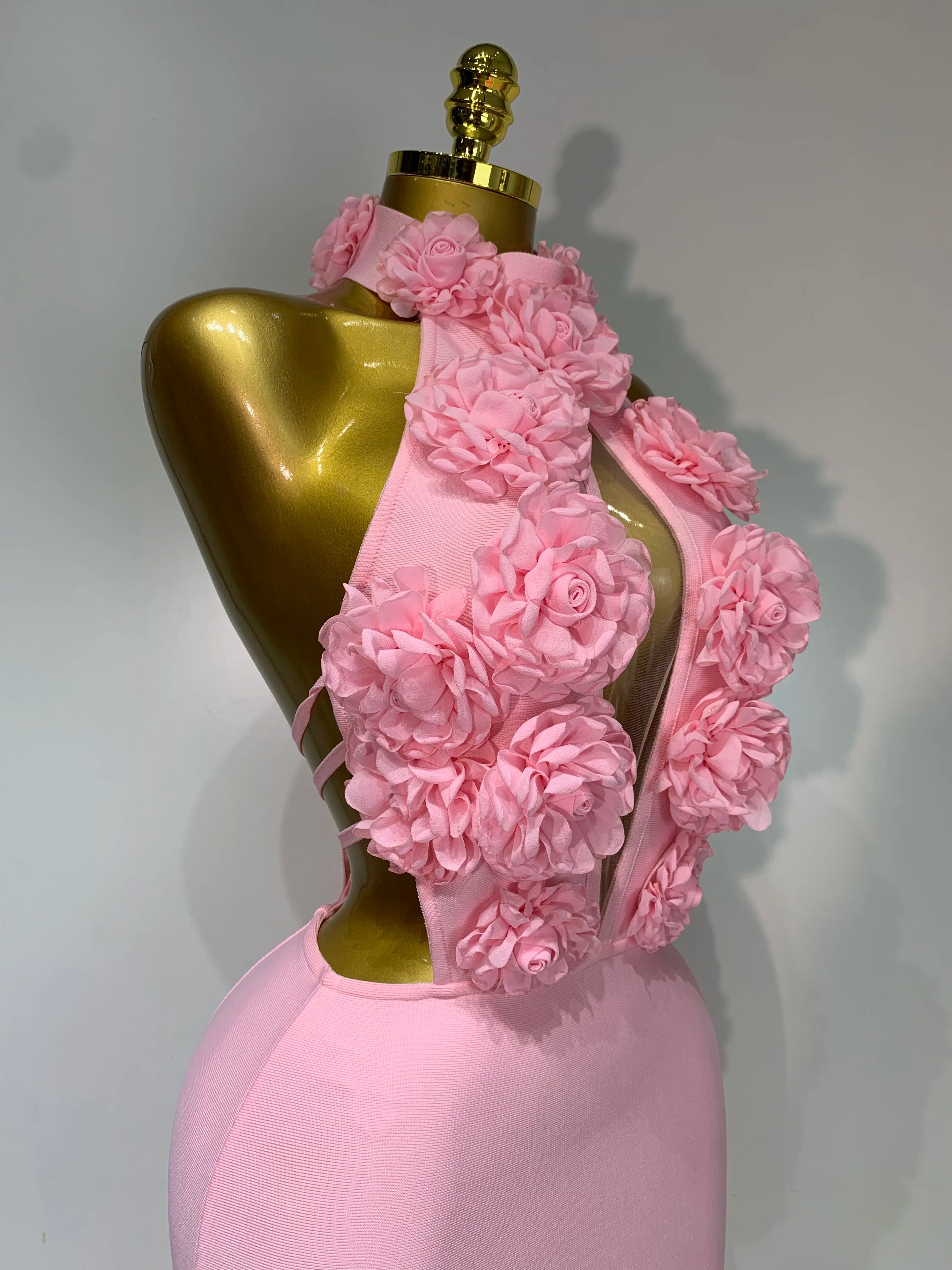 Luxury Birthday Dress Women Celebrity Sexy Halter Backless Flower Long Bandage Bodycon Dress 2025 Elegant Evening Party Outfit 