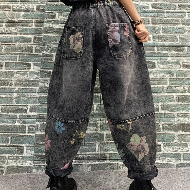 Spring Womens Fashion Jeans Ladies Loose Vintage Printed Denim Pants Females Classic Casual Floral Harem Trousers