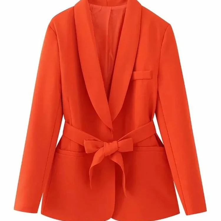 TRAFZA Women's Casual Blazer Chic Outerwear Elegant Flared Trousers Long Sleeve V-Neck Belted Office Commuter Suit Set Orange Top-O58