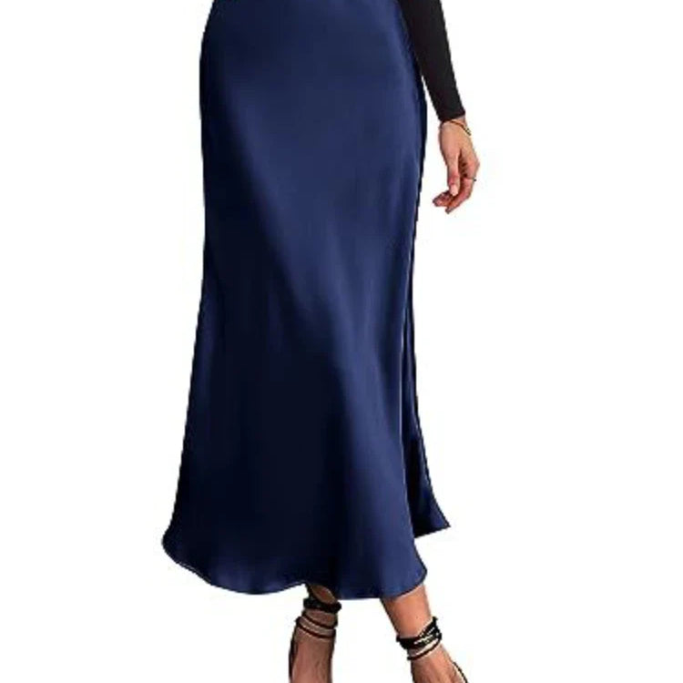 Women Satin Silk Skirts Summer Spring Korean Fashion Clothing Office Ladies Long Skirt Elegant Black Maxi Skirts for Women Navy