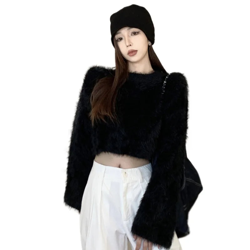 Women Sweater Top Faux Mink Hairy Pullover O Neck Long Sleeve Loose Short Sweater Lady Casual Soft Warm Jumper Knitted Tops B one size