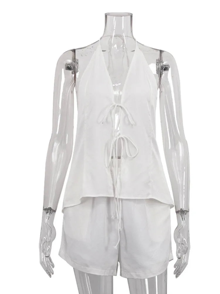 Ensemble deux pièces sexy à lacets pour femme, haut court et short blanc à dos nu, haut sans manches, short taille haute