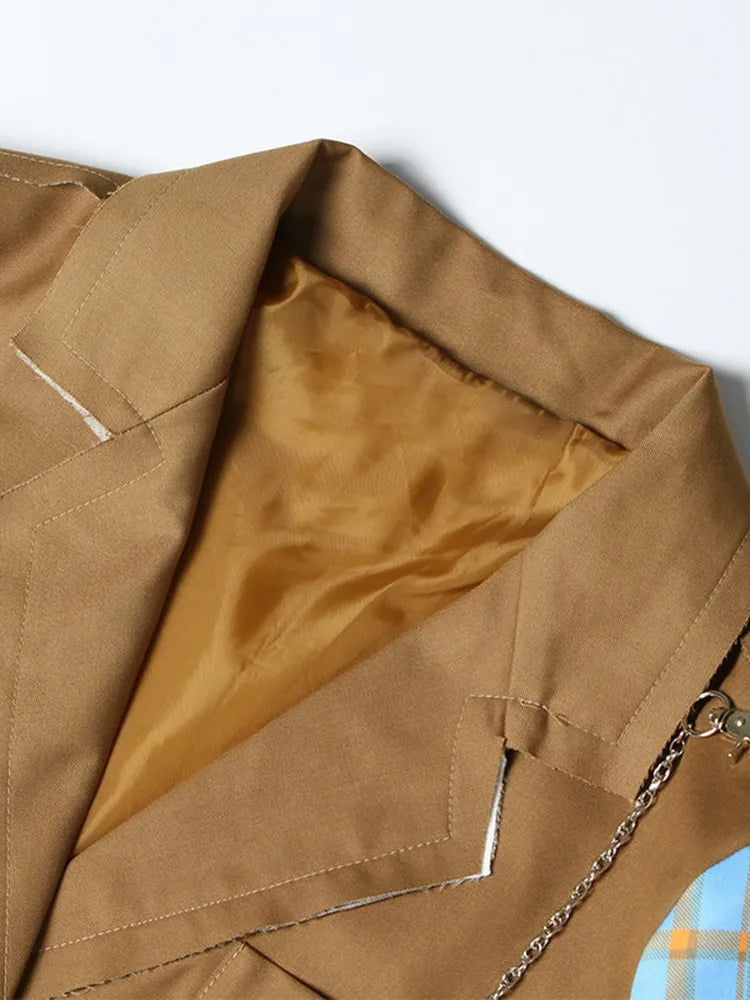 TWOTWINSTYLE Colorblock Spliced Denim Blazers For Women Notched Collar Long Sleeve Patchwork Chain Chic Blazer Female Clothing