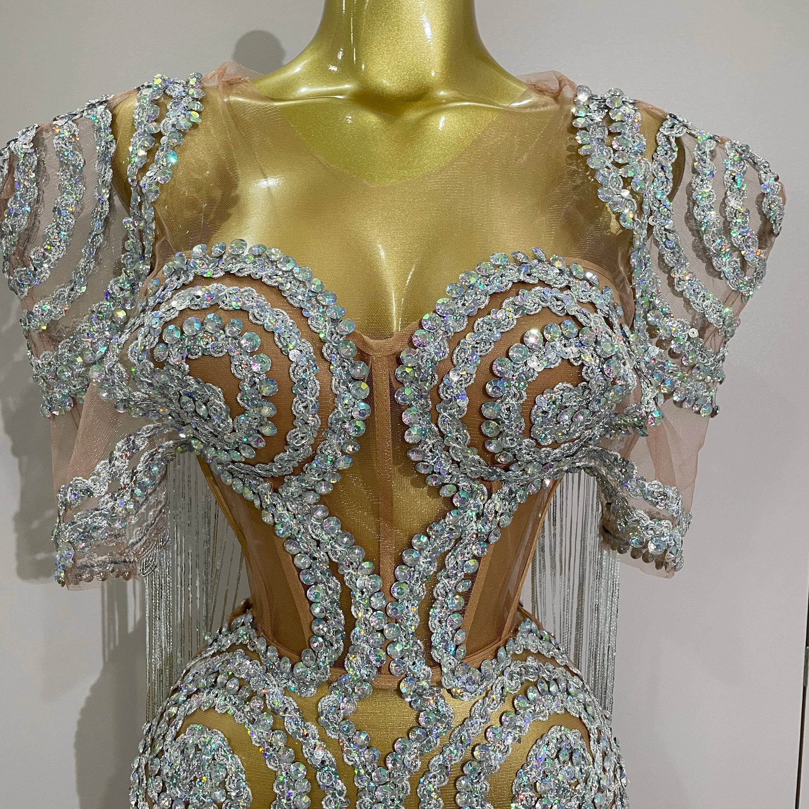 Stock Sparkly Rhinestones Sequins Sexy Mesh Tassels Cape Short Dress 2025 Women Evening Birthday Party Nightclub Stage Costume