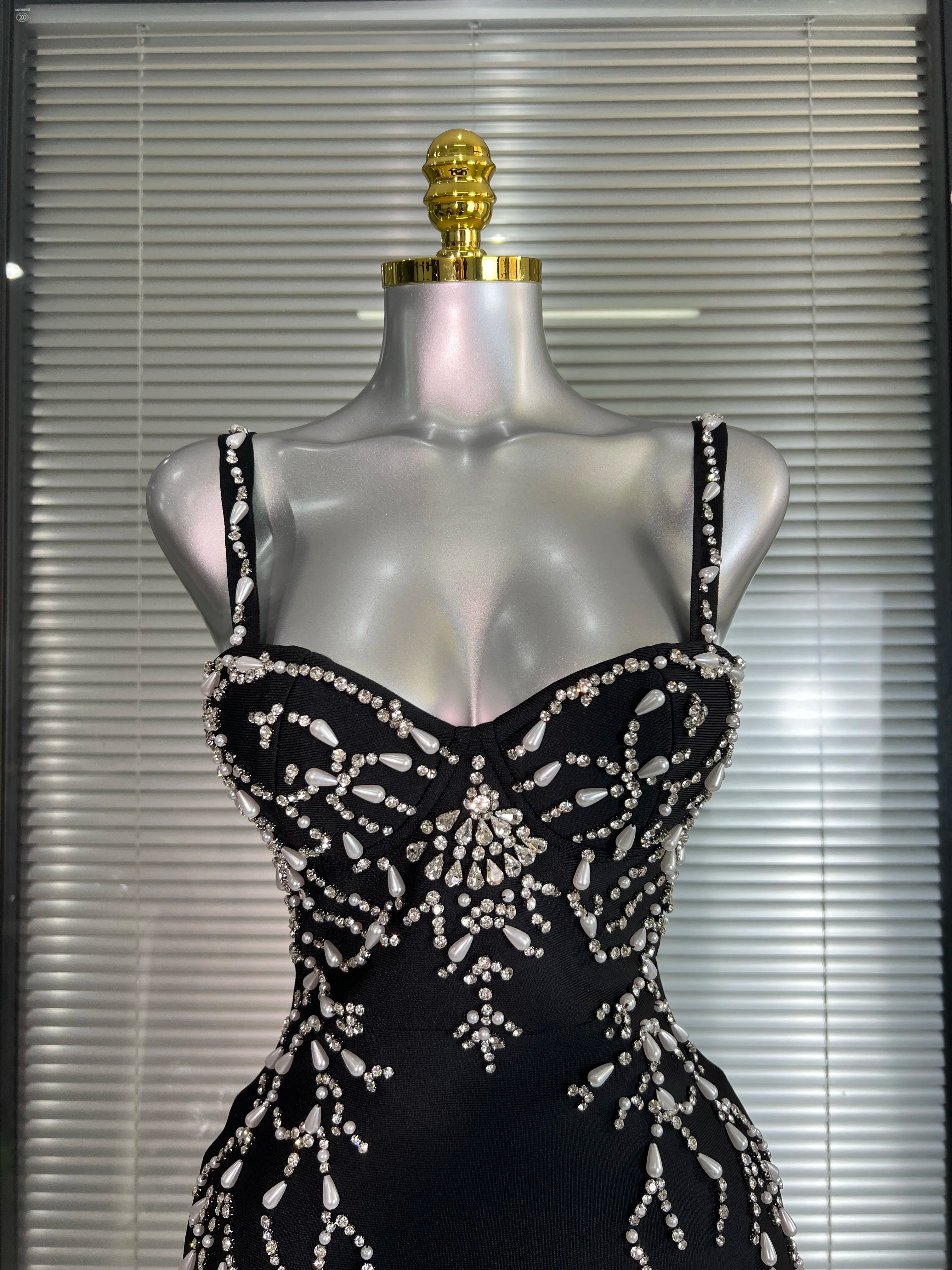 Summer New 2025 Women Black Long Bodycon Bandage Dress Crystal Evening Party Dress Vestido