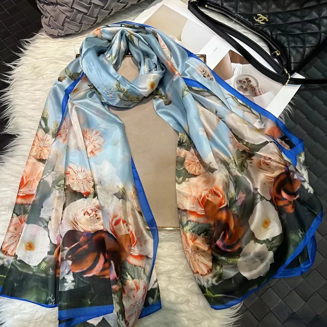 white100% Silk Scarf Women Scarves Bufandas Summer Beach Shawls Foulard Fall Winter Brand Flower Design Long Neck Scarves Hijabs yellow floral