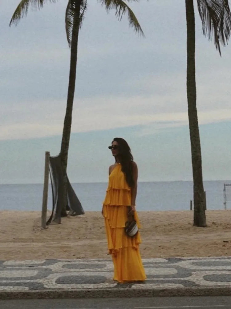 Fashion Ruffles Hem Long Dress For Women Elegant Halter Backless Sleeveless Vestidos Female New Vacation Beach Party Robes