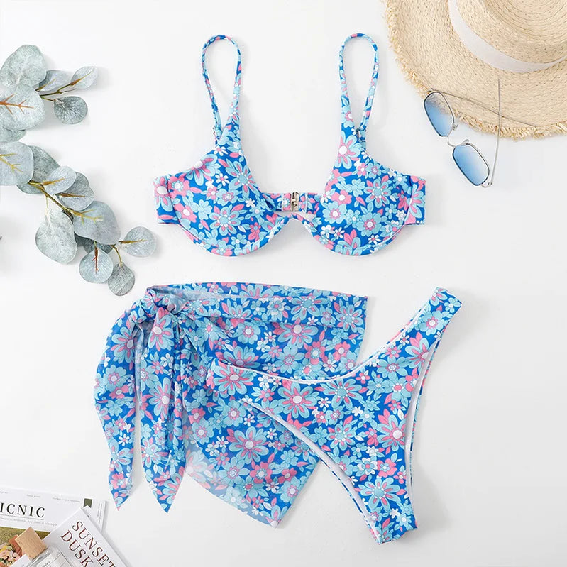 Tie Dye Bikini 2022 Skirts 3 Pieces Set Push Up Swimsuit Women Underwired Swimwear Female Sexy Bathing Suit Beach Wear 5