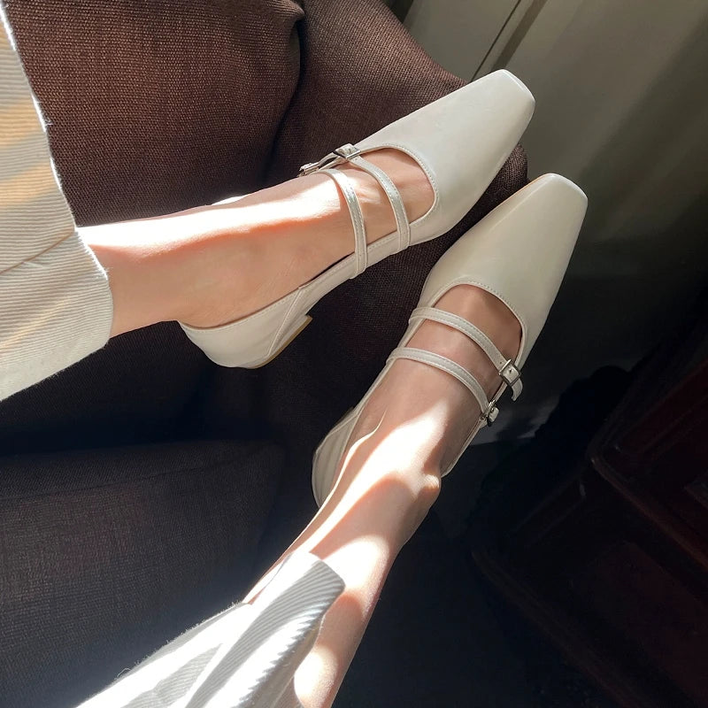 Spring Designer Women Ballet Flats Fashion Elegant Square Toe Slip On Shoes Ladies Comfort Soft Sole Leather Single Shoes WHITE