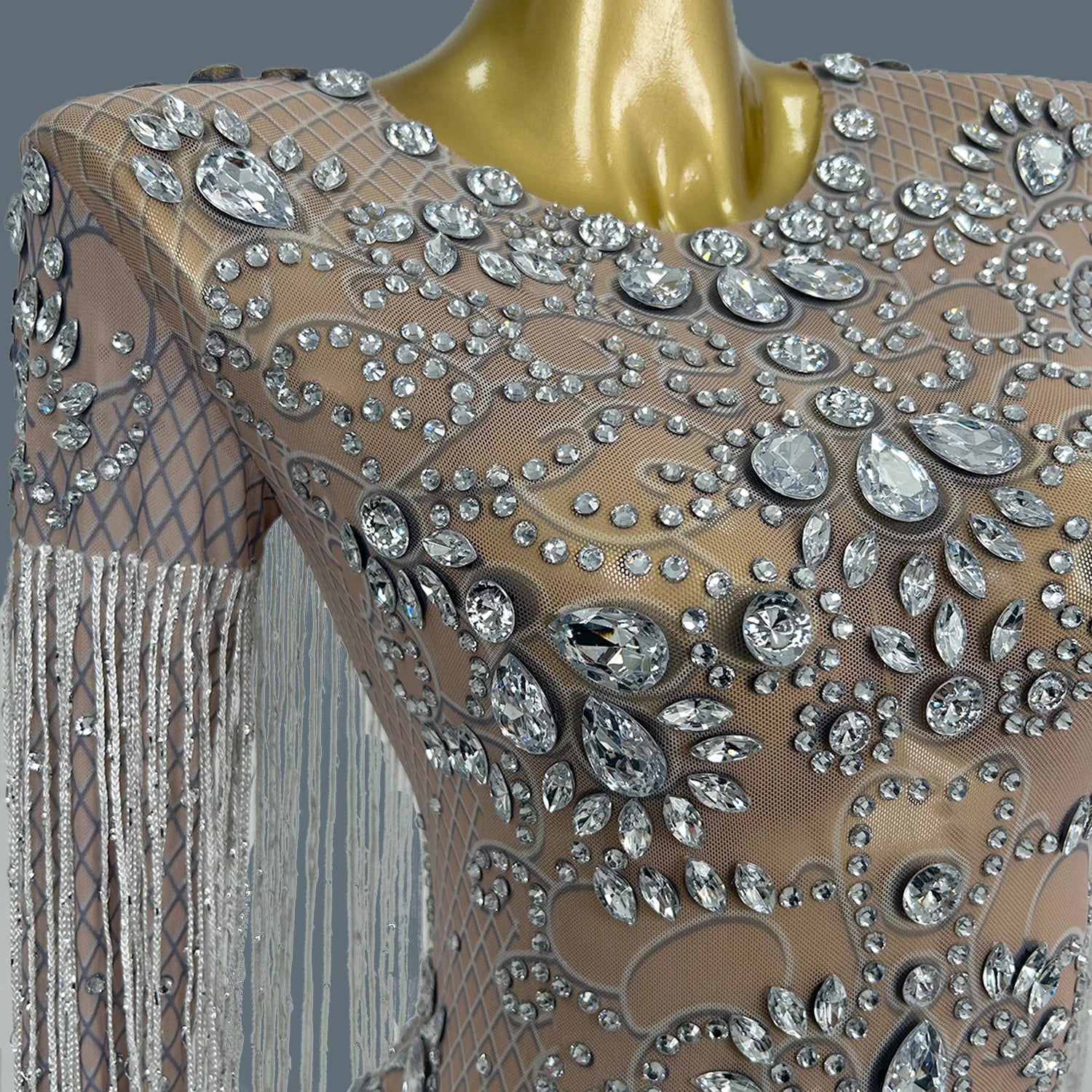 Women's Sparkly Crystals Tassel Ball Dress Sexy See Through Mesh Luxury Evening Gown Birthday Prom Queen Chic Maxi Dress Hualan