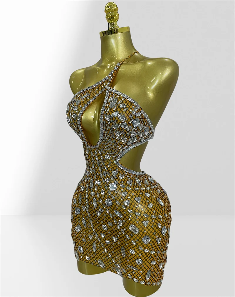 Sparkling Diamonds Sexy Hollow Out Blackless Mesh See Through Mini Dress Fashion Woman Evening Party Dress Birthday Party Outfit