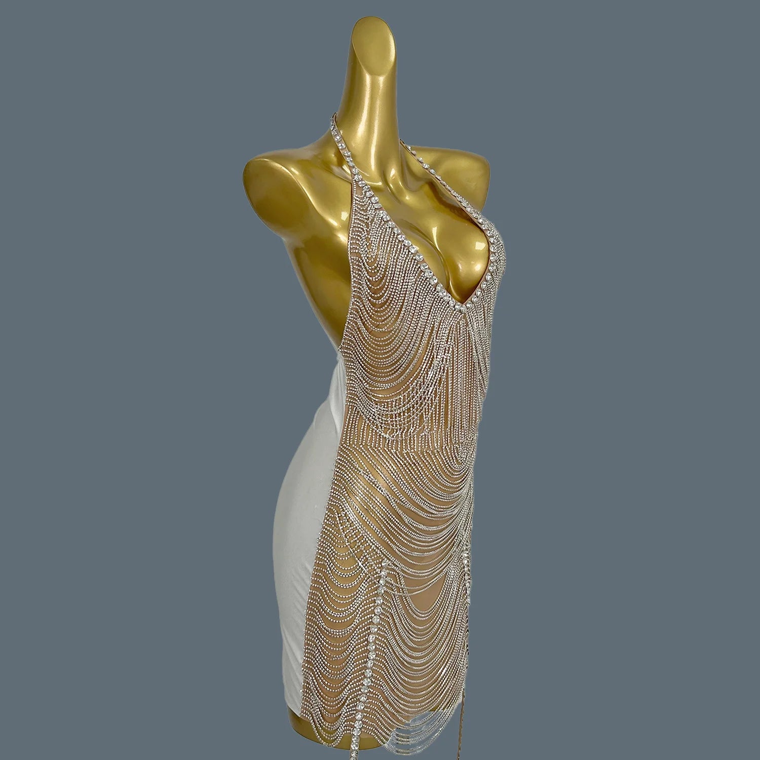 Sparkly Crystal Fringes Prom Dress Sexy Mesh Velvet Party Nightclub Birthday Outfit Performance Dance Costume Stage Wear Yuanpan