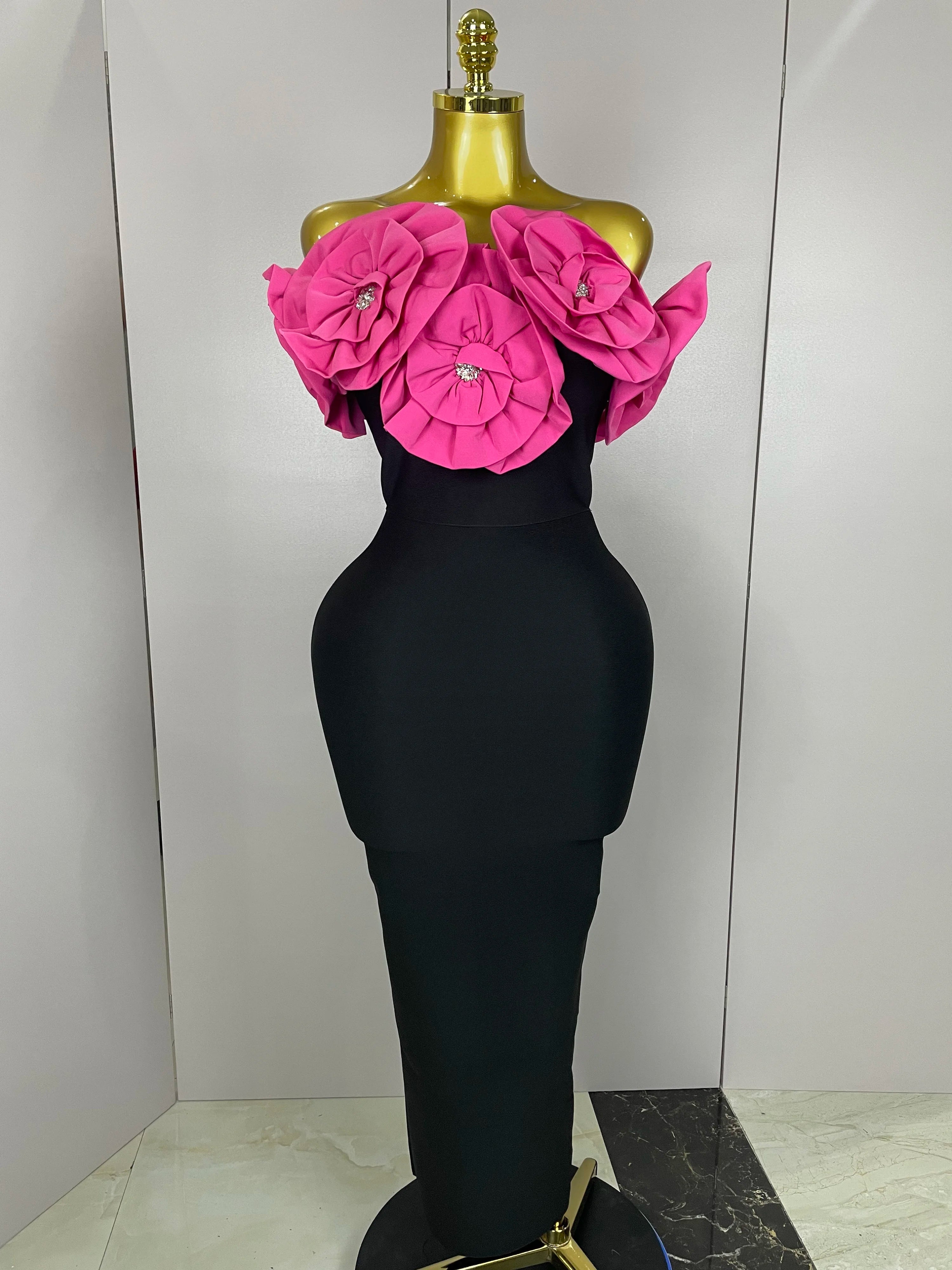 New Stereoscopic Red Flowers Sexy Off The Shoulder Ankle Lenght Bandage Dress Woman Birthday Party Vestido Wedding Party Outfit