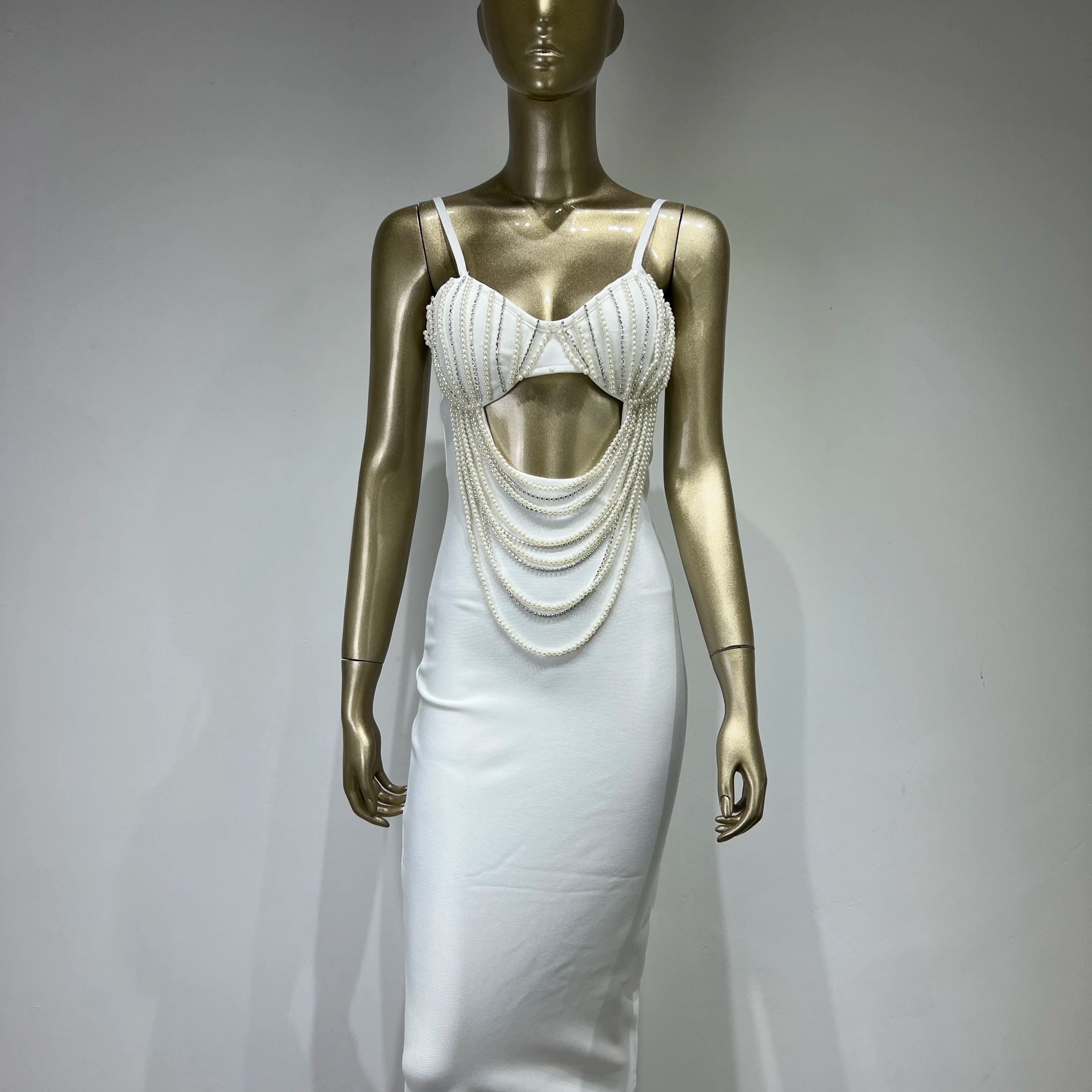 Women Summer Fashion Sexy Sleeveless Diamonds White Pearl Tassel Bodycon Bandage Dress Elegant Evening Club Party Dress