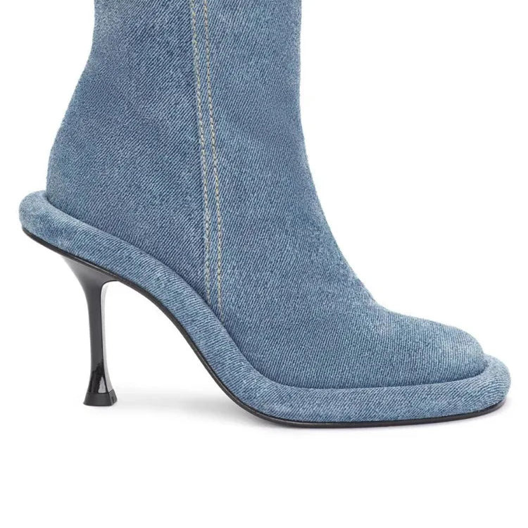 Spring and Autumn Women's New Slender High Heel Denim Short Boots Round Head Side Zipper Fashion Women's Ankle Boots 509 Denim long style