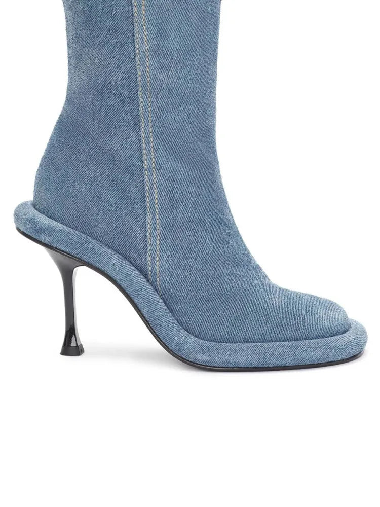 Spring and Autumn Women's New Slender High Heel Denim Short Boots Round Head Side Zipper Fashion Women's Ankle Boots 509 Denim long style