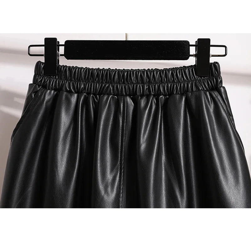 Large Size 4XL Black Long Vintage Faux Leather Skirt Women Autumn Winter Fashion A-Line Skirt Female Elegant PU Skirt