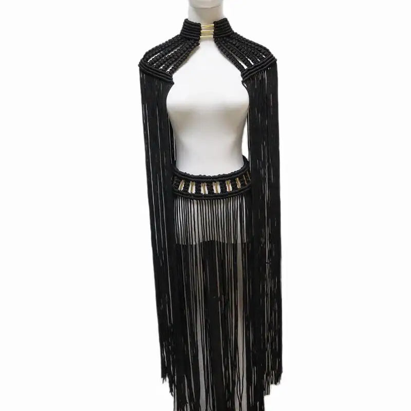 Tassel Hand Crochet Knitted Women Bikini Cover Ups 2023 Summer Holiday Beach Bathing Suit Sexy Hollow Out Skirts Matching Set A01black One Size