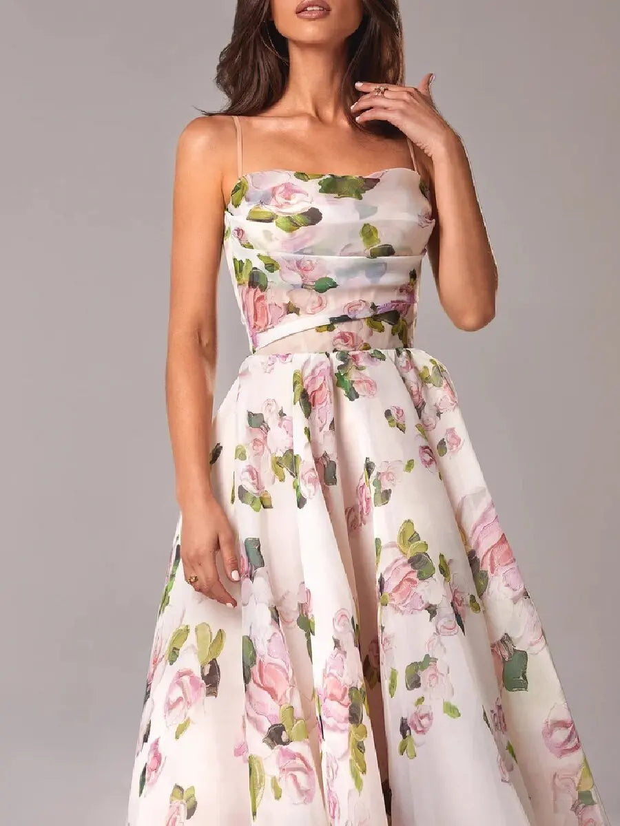 Bridal Luxury Evening Dresse Slim Fit Slash Neck A-LINE Sleeveless Ankle-Length Print Sling Chiffon Dress Women