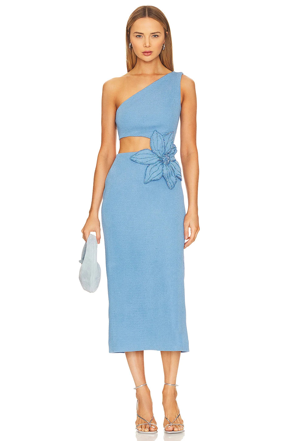 Blue Color Beading Flower Sexy One Shoulder Expose waist Mid Calf Bandage Dress Elegant Woman Evening Dress Cocktai Party Outfit