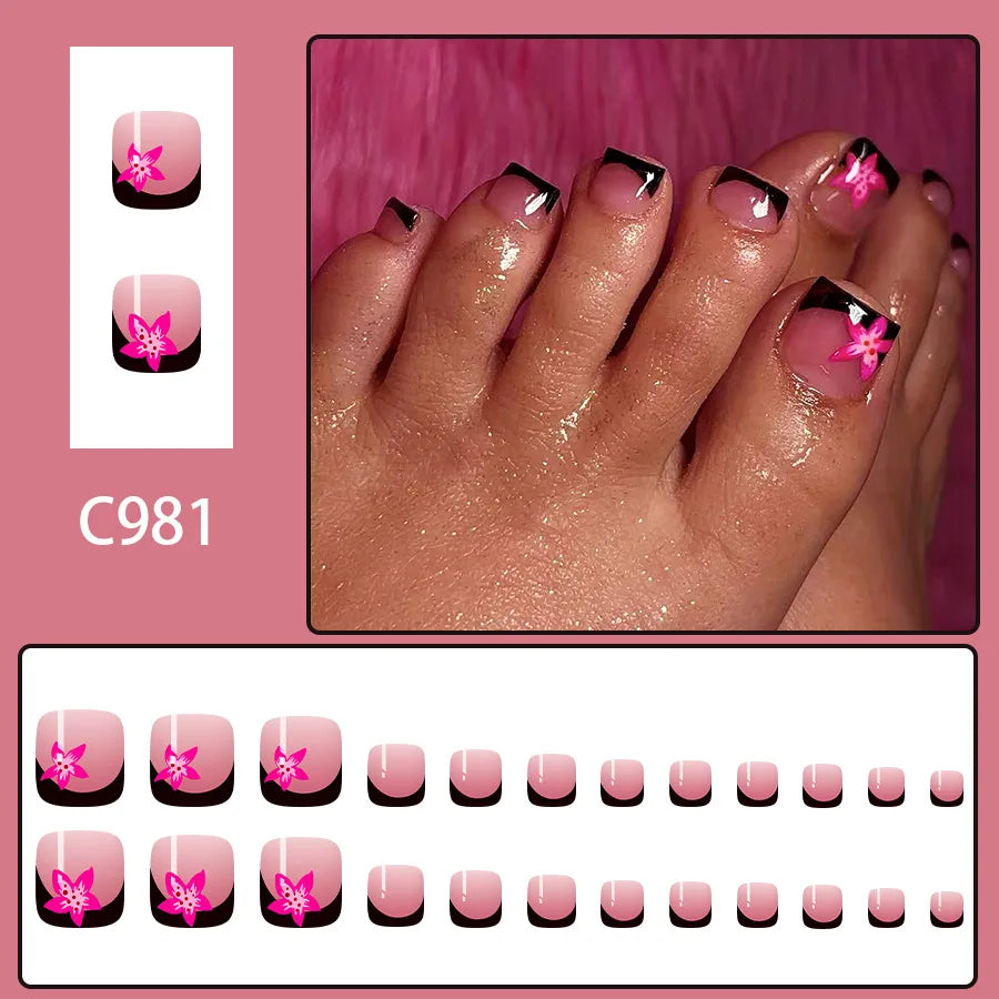24pcs Summer Beach False Toenails Blue French Square Fake Toenails Wearable Coconut Trees Shell Print Press on Nails for Toe