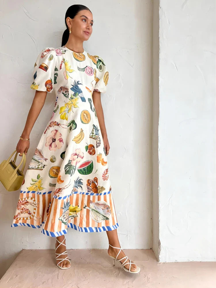 Holiday Beach Style Fruit Maxi Dresses NEW Summer Trendy and Unique Graffiti Print Bodycon Versatile Dress for Women