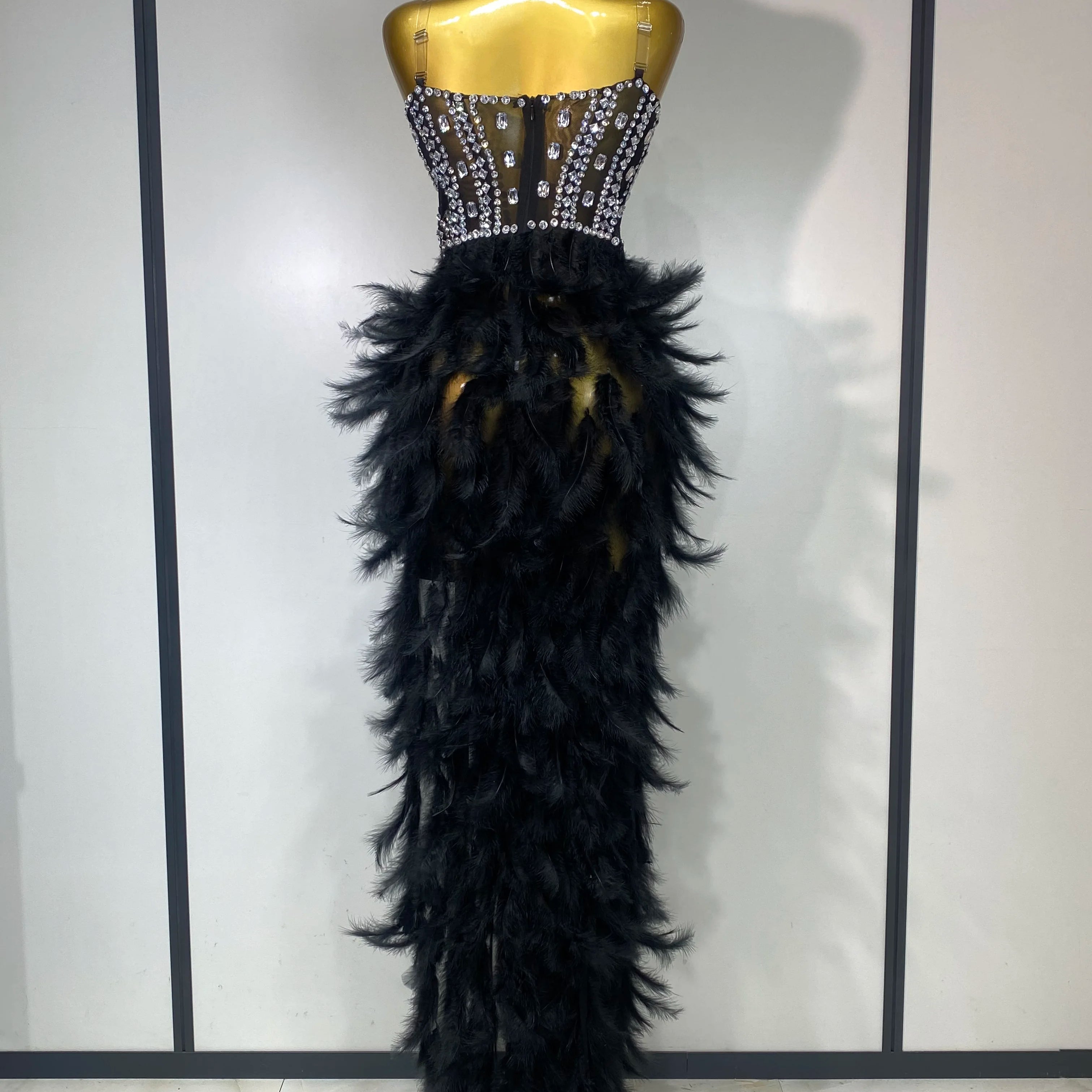 Luxury Birthday Evening Party Long Dress Women Sexy High Slit Backless Gowns Diamonds Feather Patchwork Stage Perform Costume