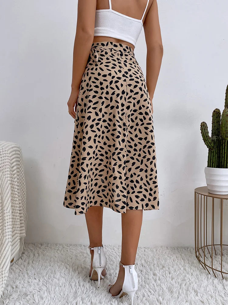 Benuynffy Boho Women Casual Print Tie Side Wrap Skirt Elegant High Waist Female Summer Asymmetrical Knee Length A-Line Skirts
