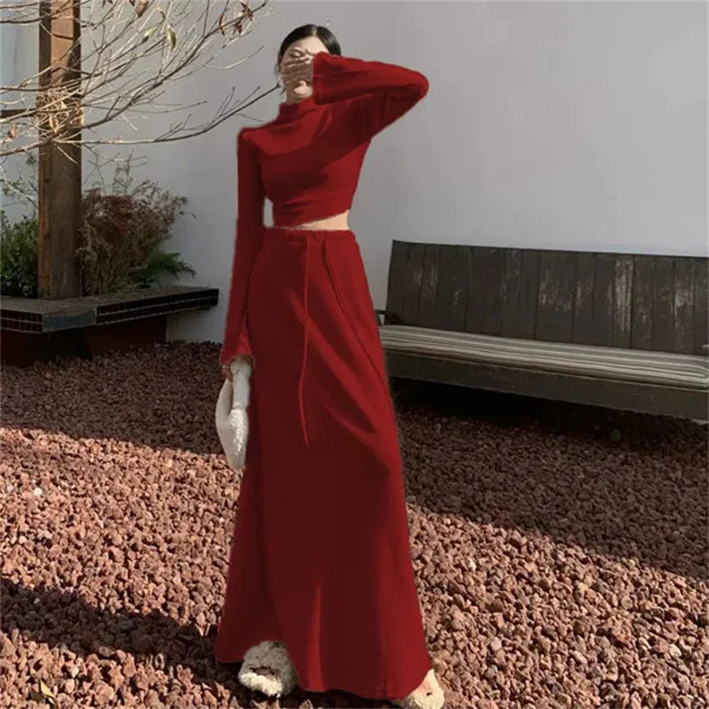 New Year's Red Robe Retro Women Girl Half High Neck Top and High Waist Long Skirt Two Piece Set Autumn Dress Sets