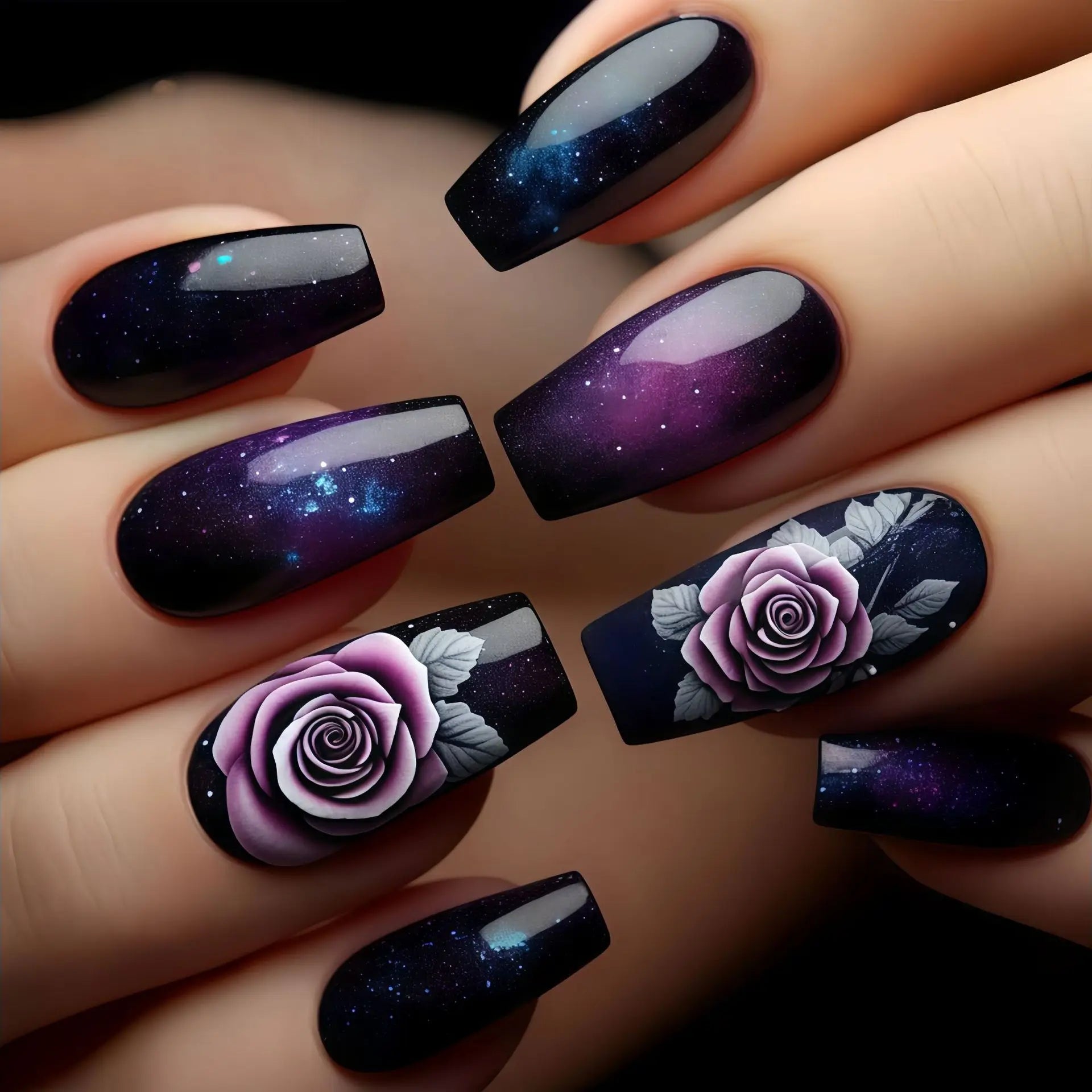 24pcs Acrylic Press on Nails Medium Green Flower Plants Pattern Fake Nails with Glue Ballet Full Cover Wearable False Nail Tips