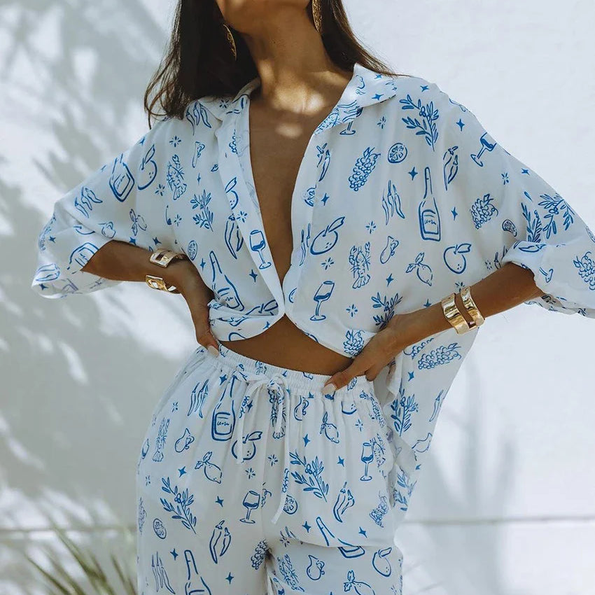 Clacive Fashion Loose Print 2 Piece Sets Women Outfit Elegant Long Sleeve Shirt With High Waist Wide Pants Set Female