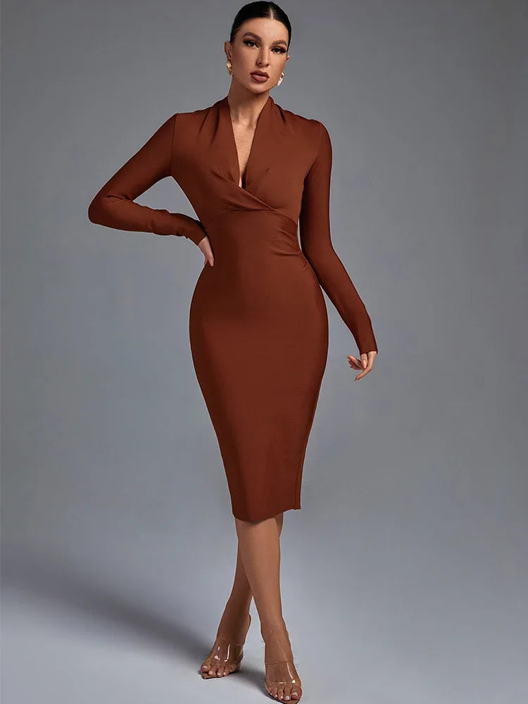 Draped Bandage Dress Women Long Sleeve Bandage Dress Bodycon Elegant Sexy Midi Evening Party Dress Summer Club Outfits
