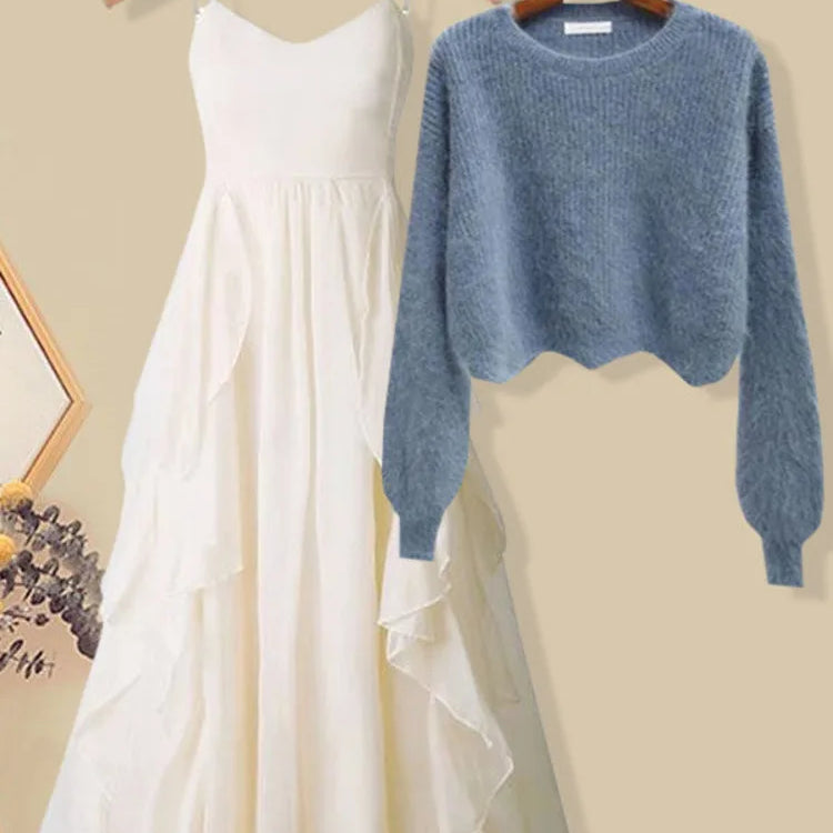 Women Spring Two Pieces Sets Korean Long Sleeve Knitted Sweater Cardigan And Ruffles Patchwork Mesh Long Dress Suit