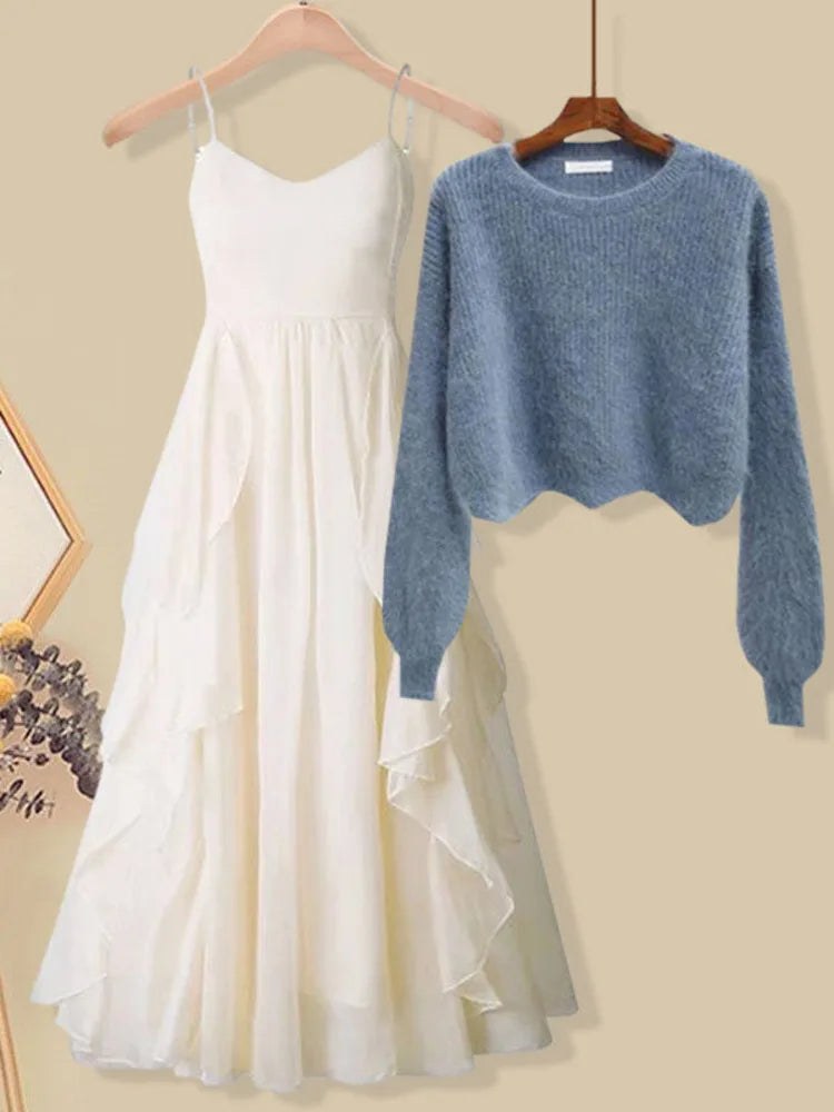 Women Spring Two Pieces Sets Korean Long Sleeve Knitted Sweater Cardigan And Ruffles Patchwork Mesh Long Dress Suit