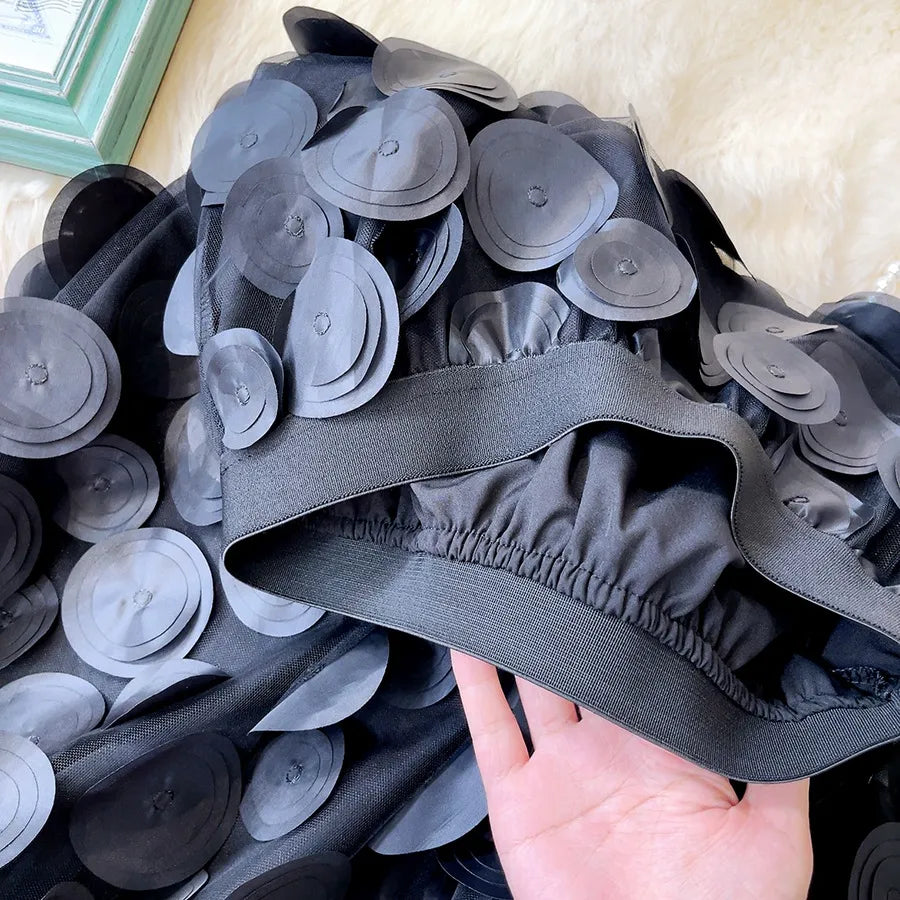 Women Polka Dot 3D Design Tulle Mesh Skirt Vintage Elastic Waist Long A-line Tutu Skirt