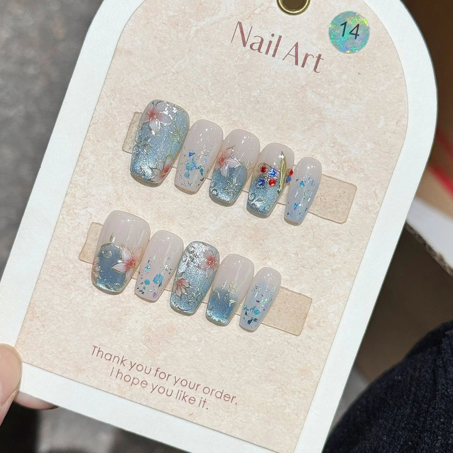 10Pcs Medium Coffin Handmade Press on Nails Green French Gradient Florals 3D Designs Stick on False Nails Wearable Manicure Tips