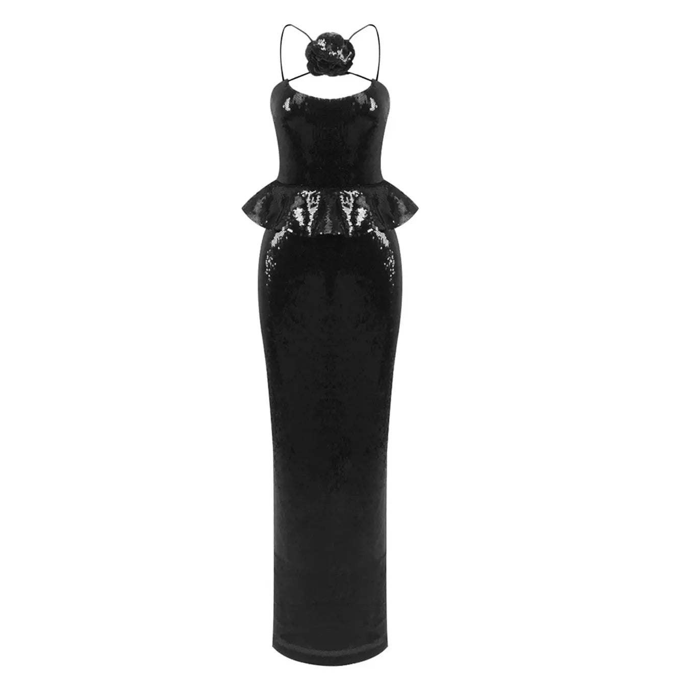 2025 Sexy Women Sequined Long Dress Spaghetti Strap Sleeveless Three-Dimensional Flower Decoration Backless Dress Party Vestidos