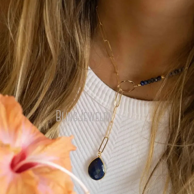 10pcs Labradorite Moonstone Amethyst Tear Drop Lariat Necklace Women Stone Chain Choker Statement Bridesmaid Jewelry Collares LN45082-10pcs