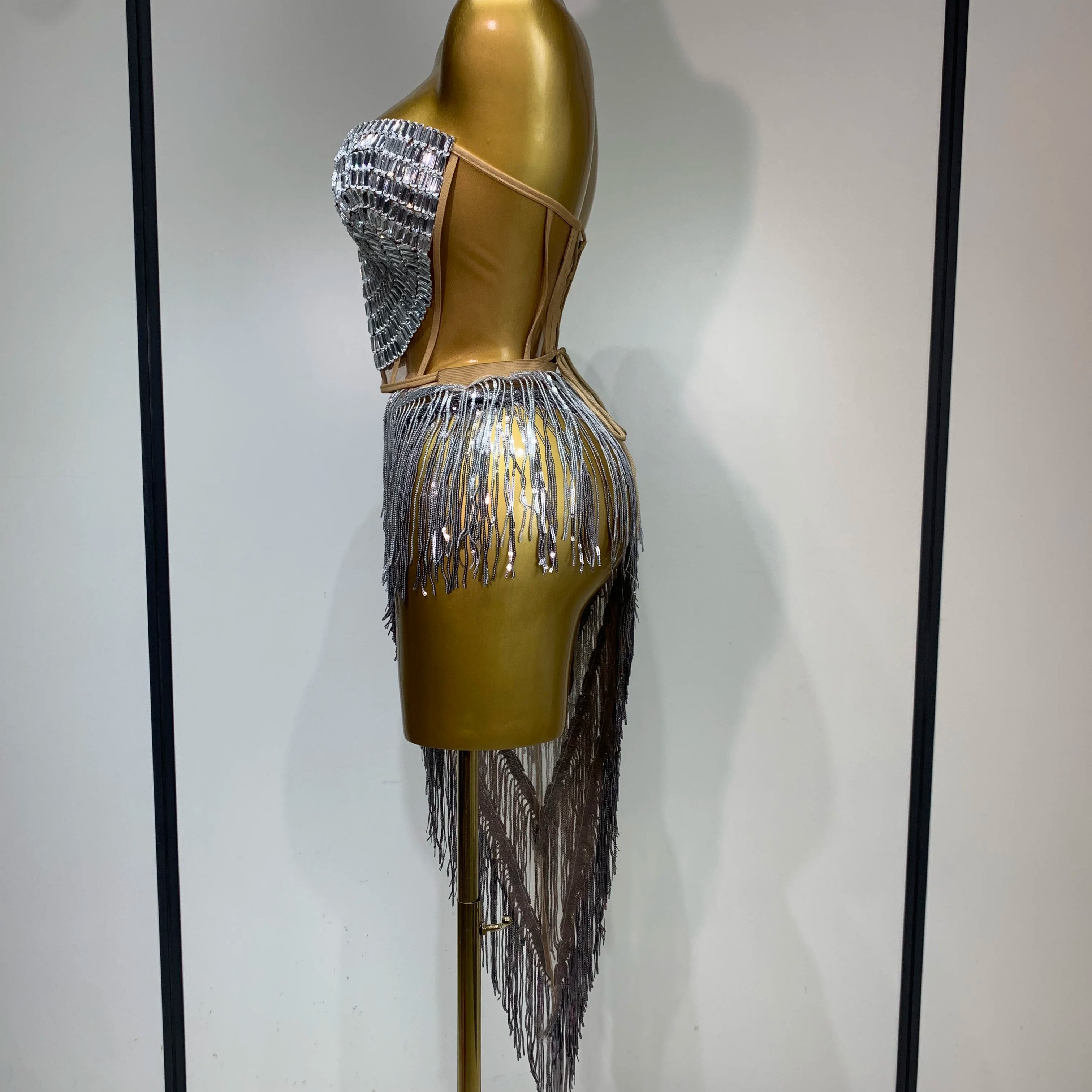 Sexy Sparkly Diamond Tassel Two Piece Set Women Evening Party Luxury Birthday Nightclub Singer Dancer Performan Stage Costume