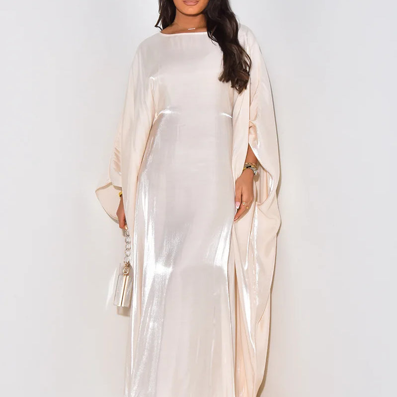 CM.YAYA Women Loose O-neck Full Batwing Sleeve Long Maxi Dress Summer Satin Vintage Africa Streetwear Vestido Evening Dresses