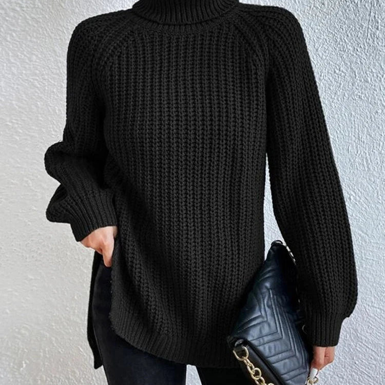 Women Winter Turtleneck Loose Sweater Elegant Drop Sleeve Side Split Pullover Vintage Harajuku Chic Jumpers Oversized knit Tops black