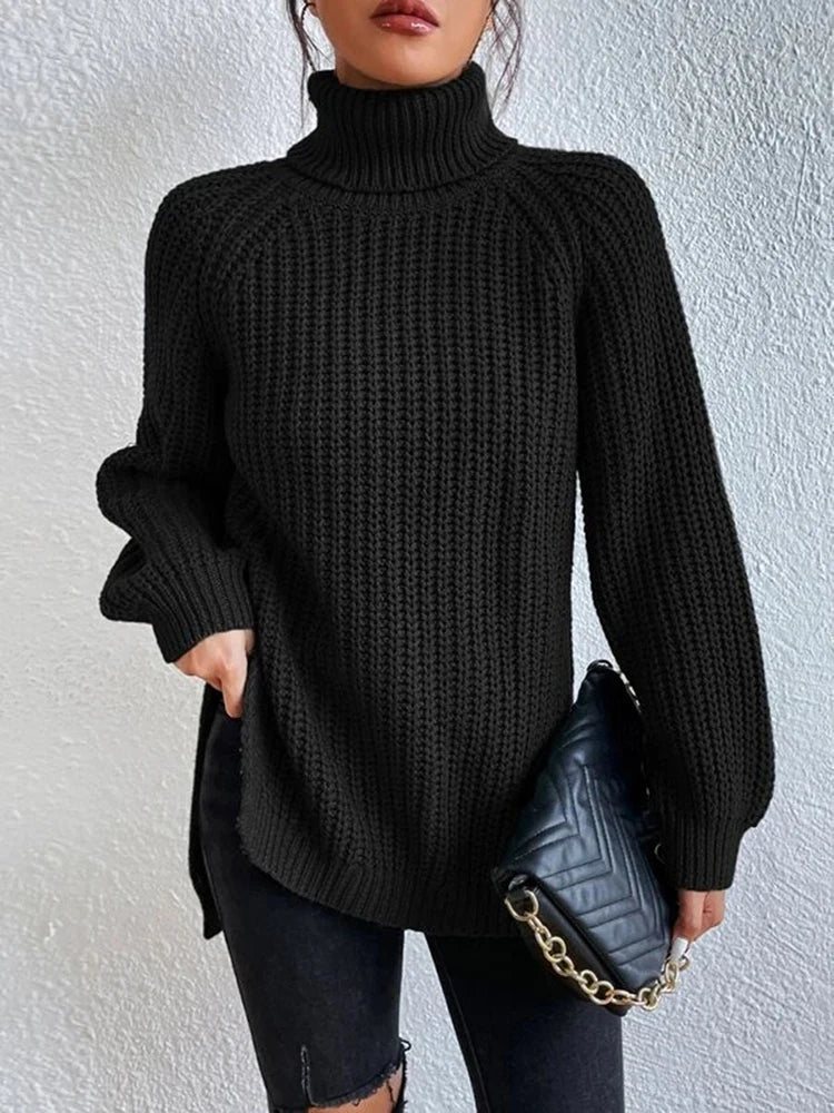 Women Winter Turtleneck Loose Sweater Elegant Drop Sleeve Side Split Pullover Vintage Harajuku Chic Jumpers Oversized knit Tops black