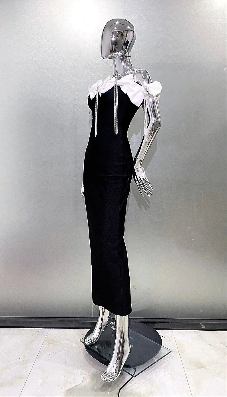 Sparkling Diamonds Tassel White Bows  Sexy Off The Shoulder Ankle Lenght Bandage Dress Woman Birthday Party Vestido