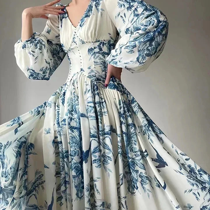 Fashion Designer Floral Beading High Waist A Line Party Women Vintage Elegant Lantern Sleeve Chic Casual Beach Holiday Dresses