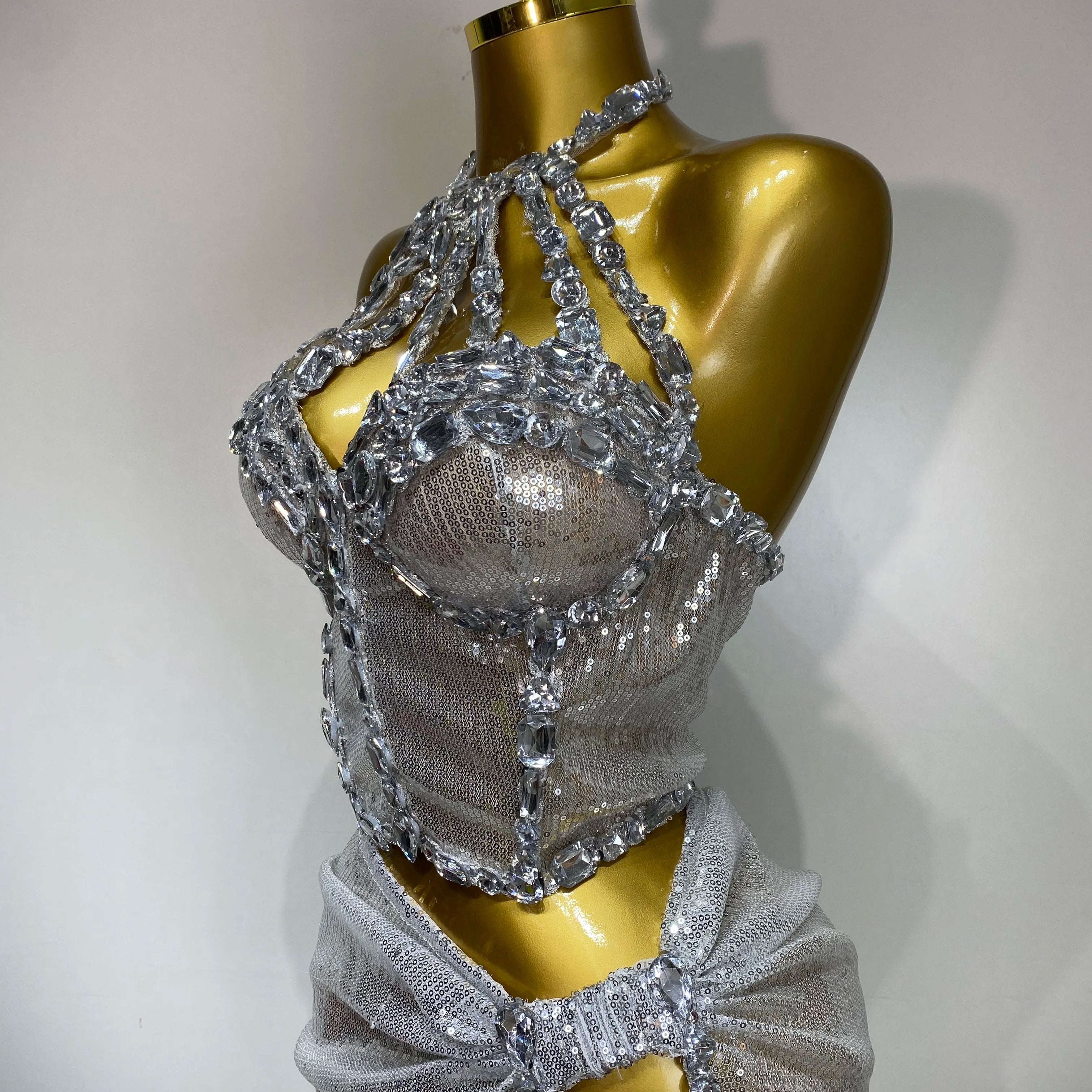 Women Sparkly 2025 Silver Rhinestones Top Long Skirt Two Pieces Set Singer Dancer Performance Costume Nightclub Stage Wear