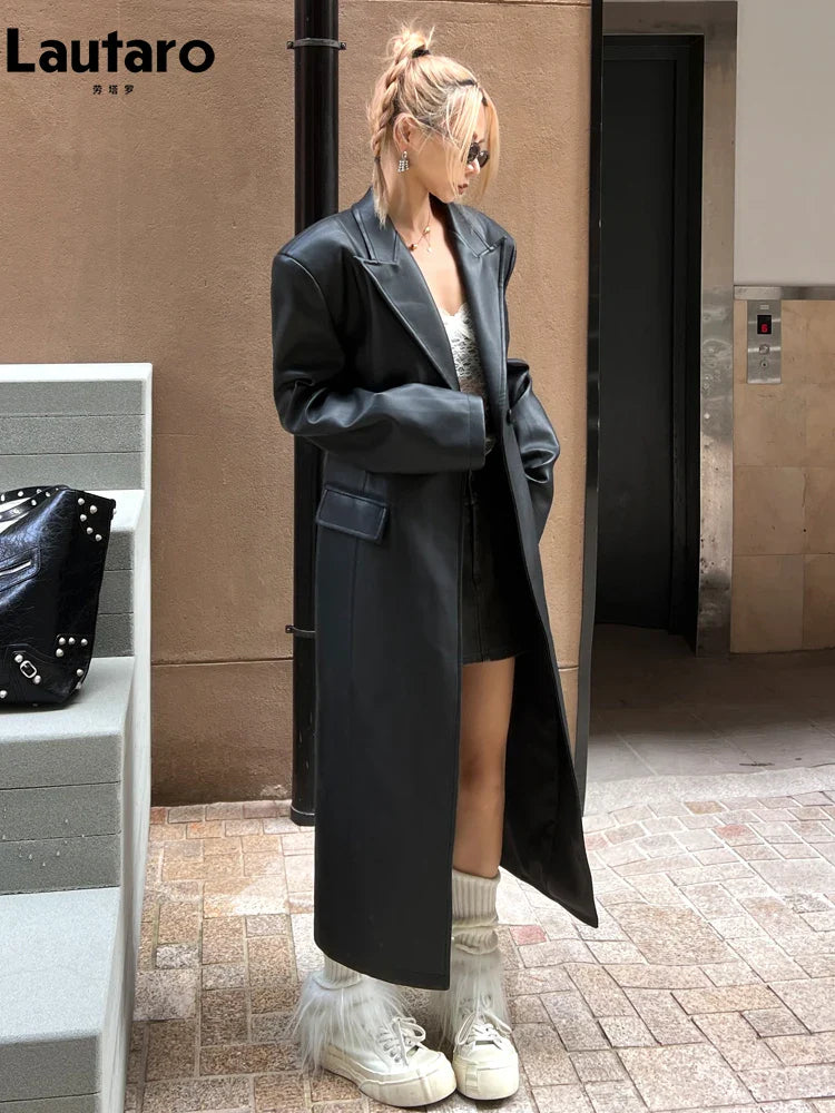 Spring Autumn Extra Long Black Loose Pu Leather Trench Coat for Women Shoulder Pads Double Breasted Faux Leather Blazer