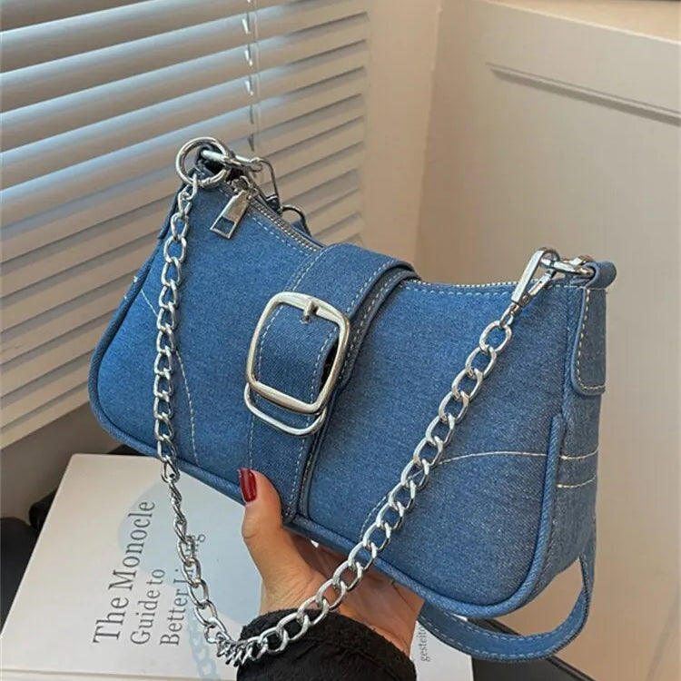 Fashionable Denim Personalized Design Exquisite Texture Shoulder Underarm Small Square Bag Light blue