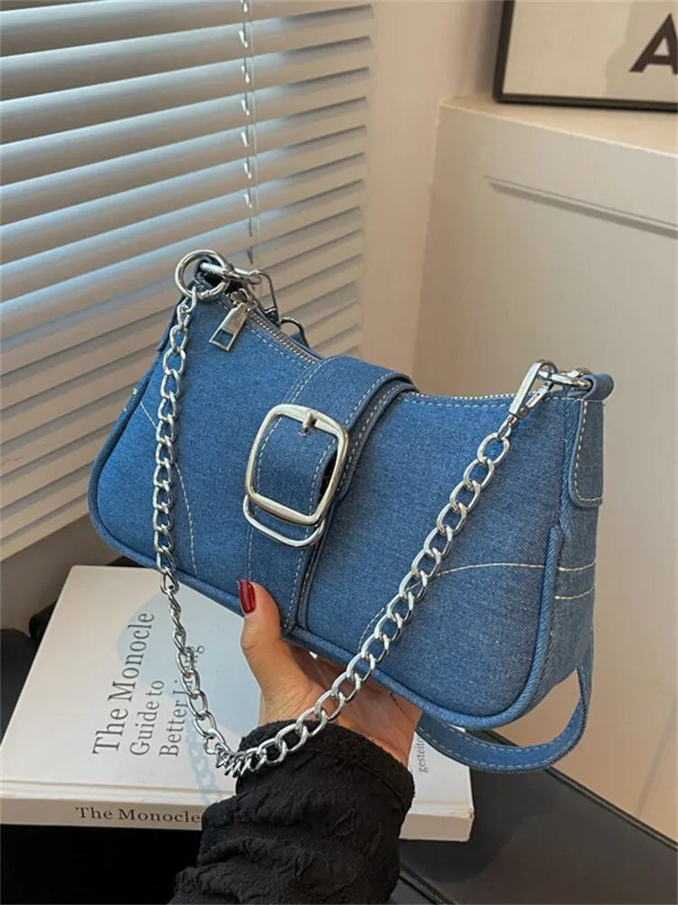 Fashionable Denim Personalized Design Exquisite Texture Shoulder Underarm Small Square Bag Light blue