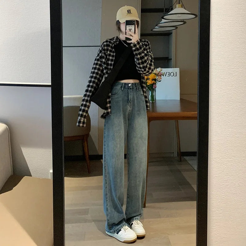 Women's High Waist Wide Leg Jeans Summer Thin Vintage Straight Leg Pants Fashionable Floor Mopping Jeans Retro Blue